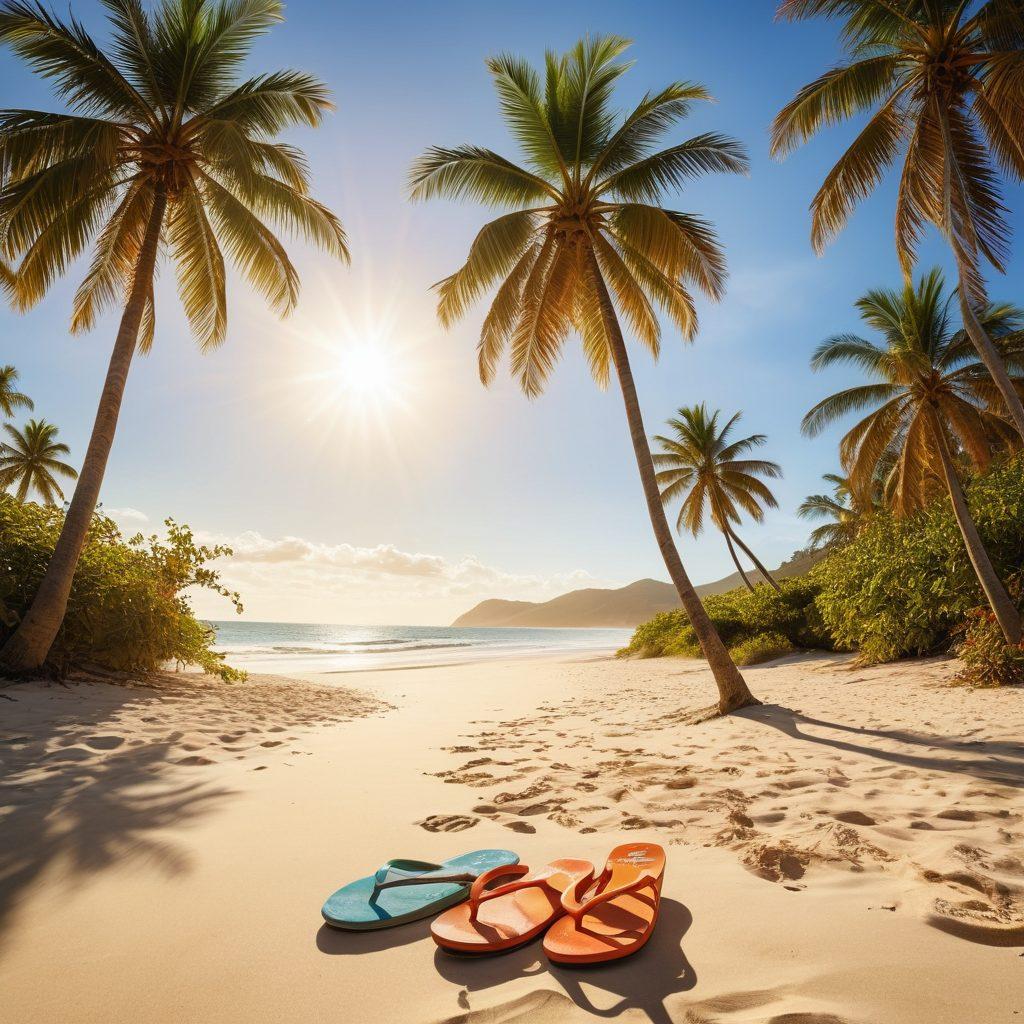 A vibrant beach scene filled with colorful beachwear hanging on a clothesline swaying in the gentle breeze. Include stylish sunglasses, hats, and flip-flops scattered on the sand. In the background, depict clear blue waves and a bright sun shining down, with palm trees framing the scene. A group of fashionable individuals can be seen enjoying the beach, adding life to the picture. super-realistic. vibrant colors. sunny beach atmosphere.